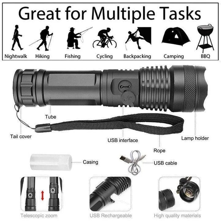 LED Torch Rechargeable Zoom Aluminium Flashlight